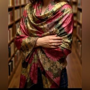 Floral Sheer Scarf Shawl Wrap Light Weight w/ Pink Brown Flowers 60x12 in Silky